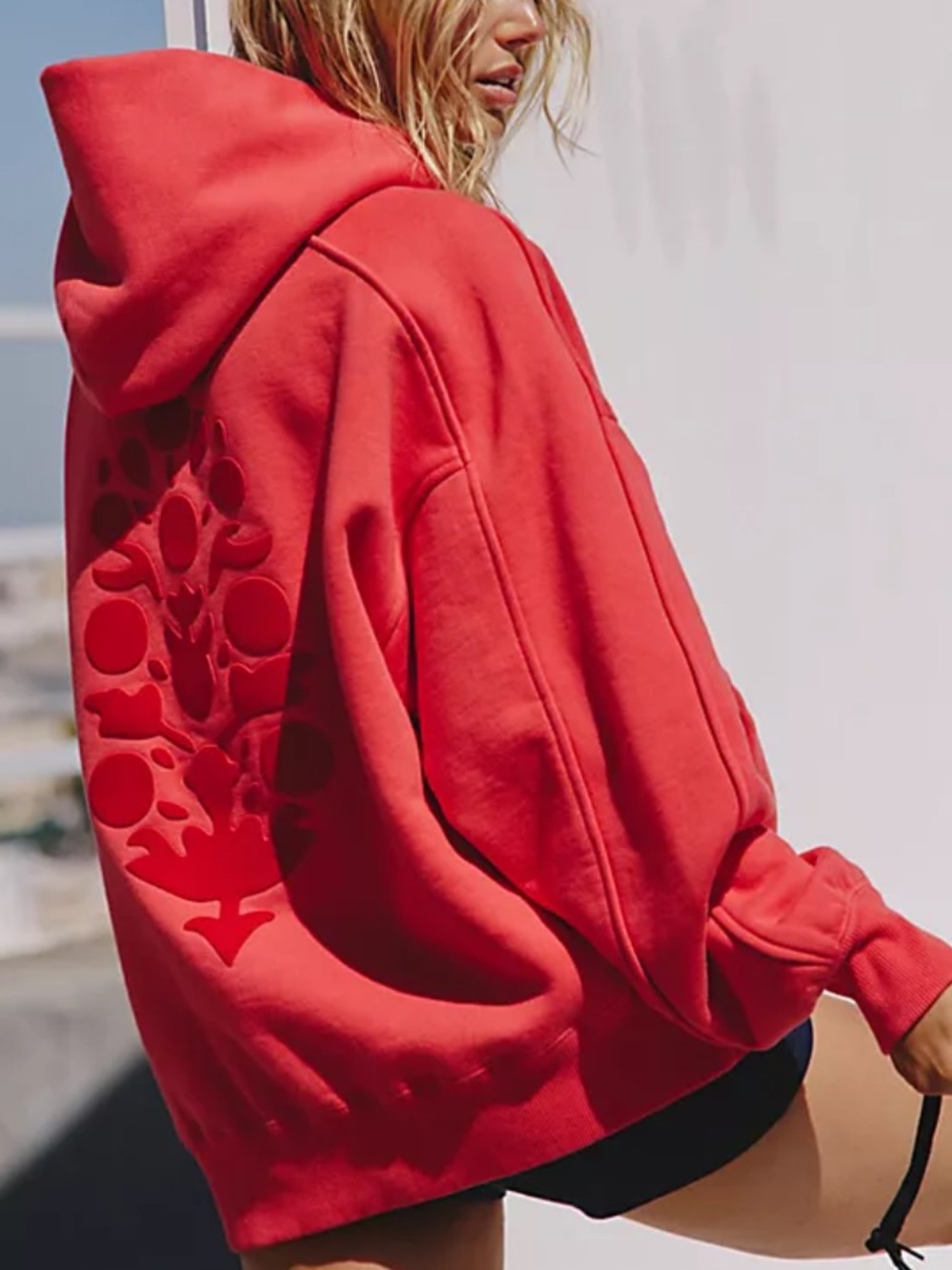 Free People Movement A CUT ABOVE FLOCKED BUTI LOGO HOODIE IN RALLY RED